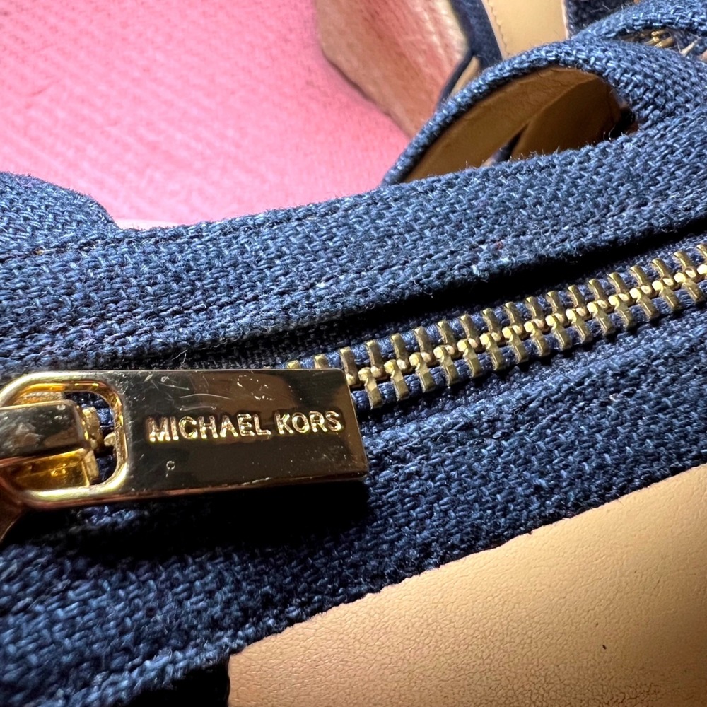 Michael Kors Berkley Navy Blue Canvas Espadrille Wedge Sandals Gold Zip 9M - Picture 8 of 9
